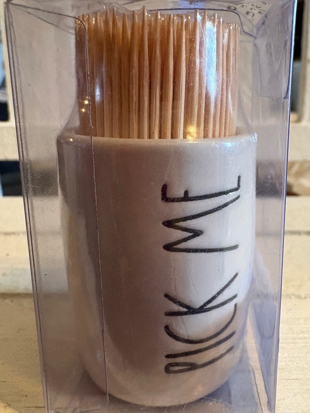 Rae Dunn White Ceramic Toothpick Stand with Black Script